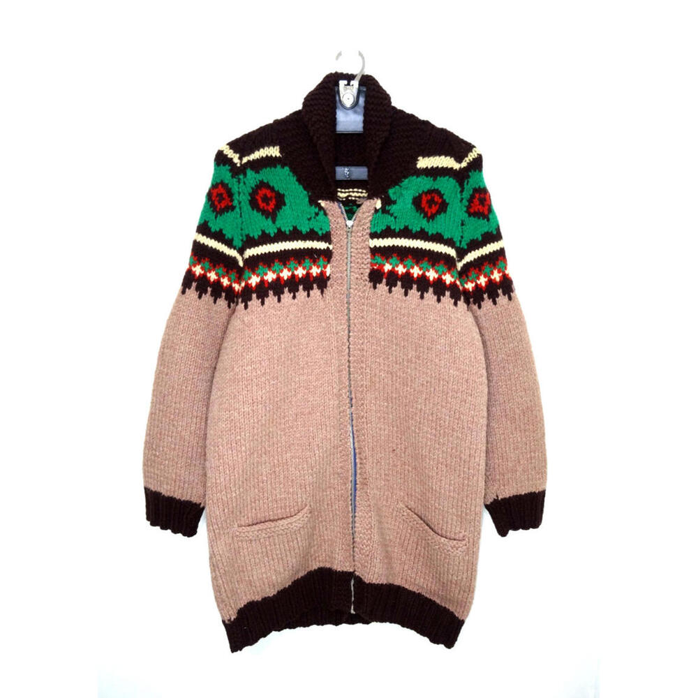 Vintage 70s Hand Knit Southwestern Cowichan Sweater Coat Women Large Chunky Wool